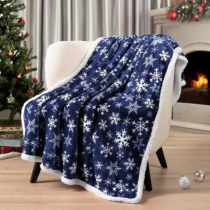 PAVILIA Premium Christmas Sherpa Throw Blanket | Blue Snowflake Decoration, Fleece, Plush, Warm, Cozy Reversible Microfiber Holiday Blanket 50 x 60 Inches
