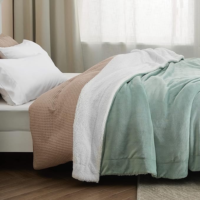 Bedsure GentleSoft Sherpa Fleece Blankets Queen Size for Bed - Thick and Warm Throw for Women and Men, Soft Fuzzy Plush Queen Blanket for Winter, Sage Green, 90x90 Inches