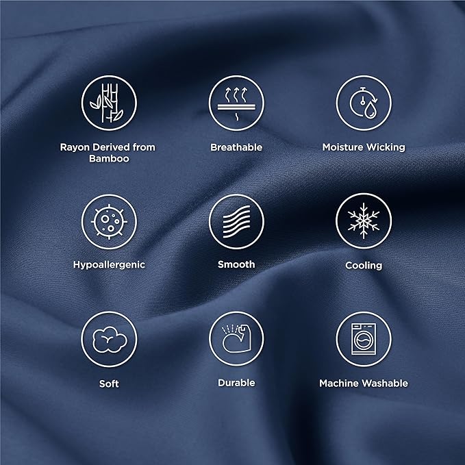 Bedsure Pillow Cases Standard Size, Cooling Pillow Cases, Rayon Derived from Bamboo Navy Blue Pillowcases Standard Set of 2, Breathable & Soft Bedding Pillow Cover with Envelope Closure, 20x26 Inches