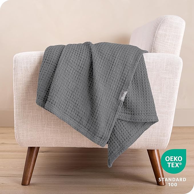 Bare Home Grey Waffle Blanket, Throw Size 44Wx66L, 100% Cotton, Soft & Breathable for All Seasons, Lightweight, Perfect for Layering Bed, Sofa & Couch (Throw/Travel, Grey)