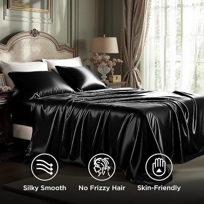 Bedsure Black Satin Sheets King Size - 4 Piece Silky Bedsheets with 15 Inches Deep Pocket Fitted Bedsheet,1 Flat Sheet, 2 Satin Pillowcases, Good for Hair & Skin (King, Black)