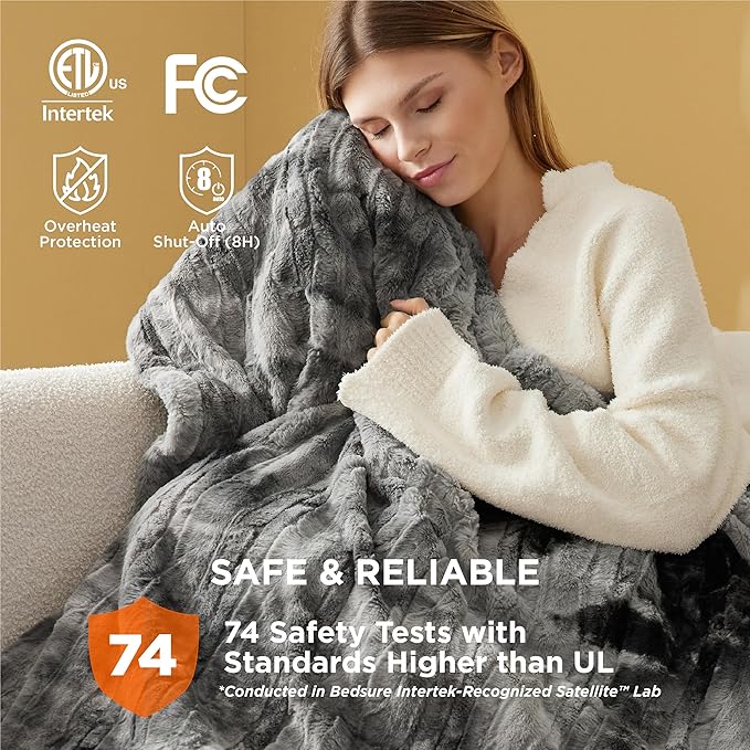Bedsure Faux Fur Heated Blanket Full Size, Fast Heating Electric Blanket Full Size with 6 Heating Levels & 10 Time Settings, Cozy Gifts for Women Men (72x84 inches, Grey)