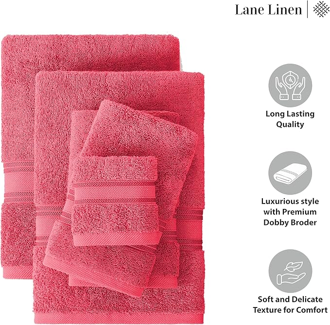 LANE LINEN Luxury 6-Piece Bath Towel Set - 100% Cotton, Quick-Dry, Super Absorbent, Zero Twist - Includes 2 Bath Towels, 2 Hand Towels, 2 Washcloths - Honeysuckle
