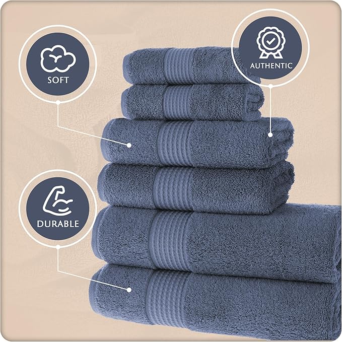MAURA Basics Bath Towel Sets for Bathroom with Hanging Hook Loops. 2 Bath Towels, 2 Hand Towels, 2 Washcloths, Soft, Durable, Long Lasting and Absorbent Towels Set, Denim Blue