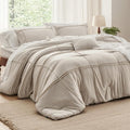 Bedsure Full Comforter Set - 4 Pieces Grid Pleat Bed Set, Beige Boho Bedding for All Season, 1 Soft Comforter, 2 Pillowcases, 1 Decorative Pillow