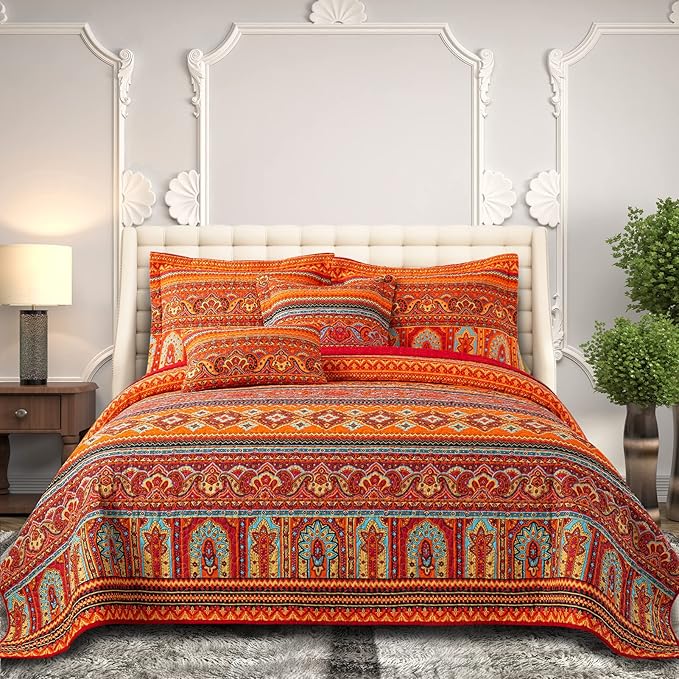 BEDIFANY Cotton King Size Quilt Set - Boho Lightweight King Bedspread - Colorful Orange Reversible Coverlets Quilt Bedding Sets - Oversized King Quilt Set for Bed Decorations for All Seasons, 3 Pieces