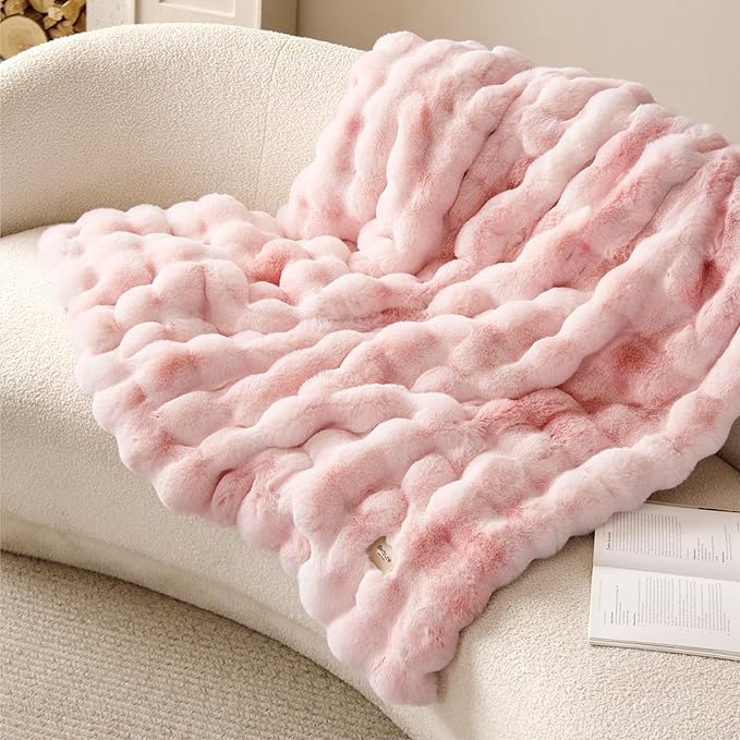 Bedsure GentleSoft Fluffy Faux Fur Blanket Twin Size, Fuzzy Soft Bubble Blanket for Couch, Faux Fur Decor for Home Bedroom Living Room, Thick Furry Cozy Gifts for Women, Tie-dye Pink, 60x80 Inch