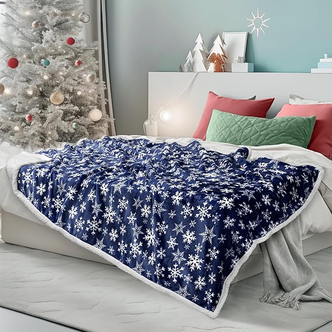 PAVILIA Premium Christmas Sherpa Throw Blanket | Blue Snowflake Decoration, Fleece, Plush, Warm, Cozy Reversible Microfiber Holiday Blanket 60 x 80 Inches