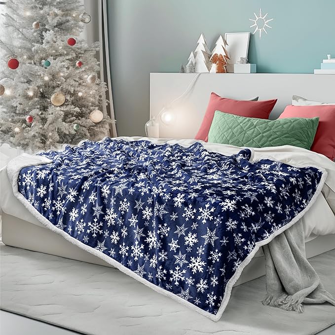 PAVILIA Premium Christmas Sherpa Throw Blanket | Blue Snowflake Decoration, Fleece, Plush, Warm, Cozy Reversible Microfiber Holiday Blanket 50 x 60 Inches