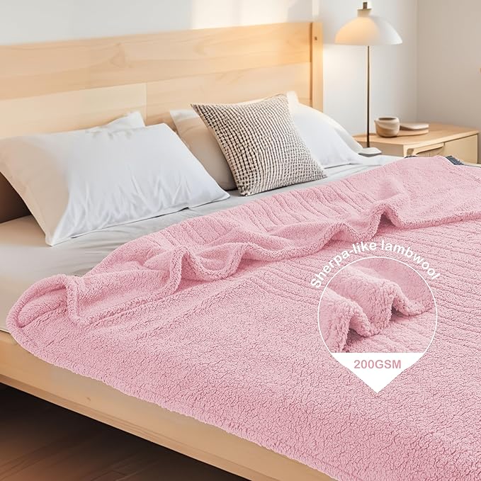 Electric Heated Blanket 6 Heating Settings & 1-10H Auto Off Full 72×84 Double Sided Plush Sherpa Ultra-Soft Warm Thick, Machine Washable, Fast Heating, Home Office Light Pink
