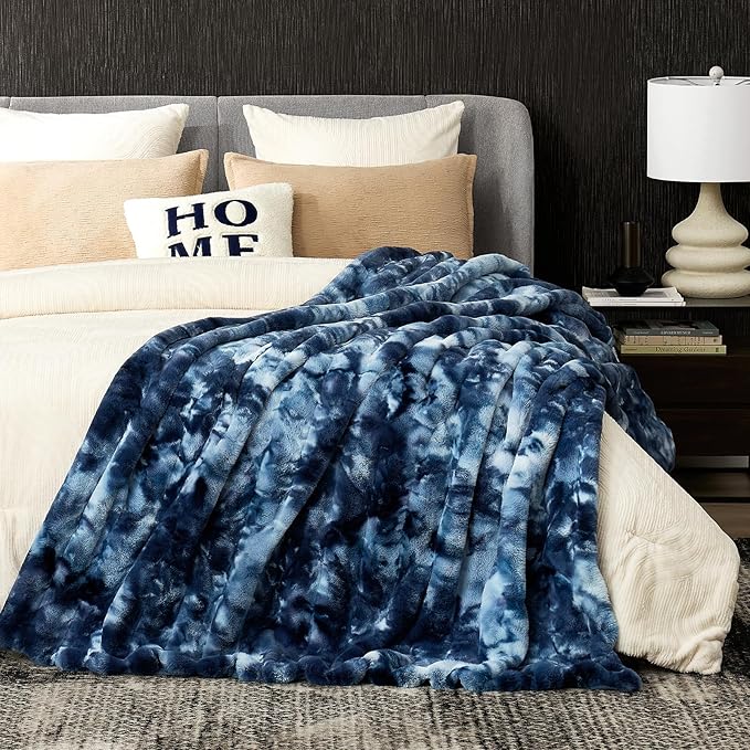 Cozy Bliss Faux Fur Throw Blanket for Couch, Fuzzy Soft Plush Thick Striped Blanket for Sofa Bedroom Living Room, 50 * 60 Inches Tie-dye Blue
