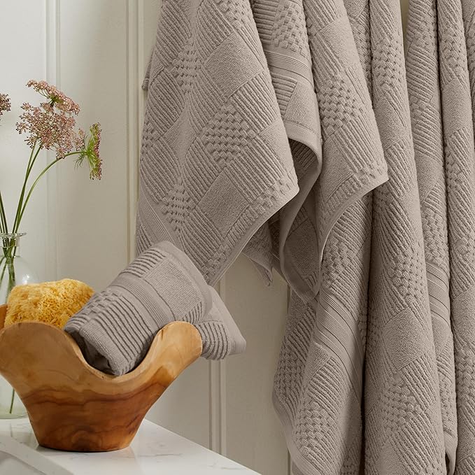 Springtree Home 100% Cotton Bath Towel Set of 4 | Brown Bath Towels | Geometric Textured Design | Absorbent & Quick-Dry | 4 Bath Towels | Oeko-TEX® Standard 100 Cotton | Myla Collection - Cobblestone