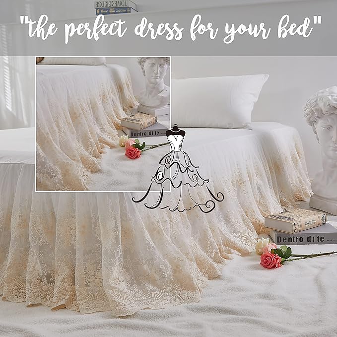 Brandream Luxury Cream White Lace Bed Skirt King Size 18 Inch Drop Split Corners Romantic Bed Cover Romantic Dust Ruffle Bed Skirts