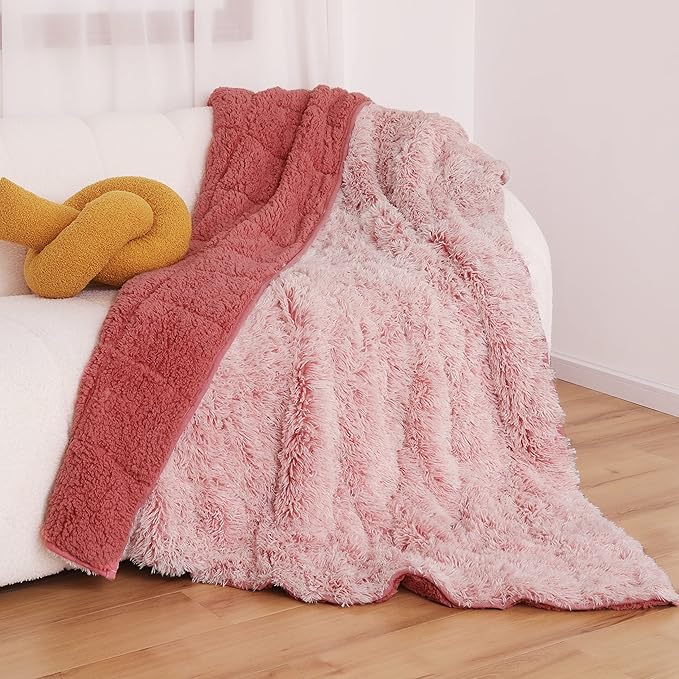 Wemore Shaggy Long Fur Faux Fur Weighted Blanket, Cozy and Plush Sherpa Long Hair Blanket for Adult 15lbs, Fluffy Fuzzy Sherpa Reverse Heavy Blanket for Bed, Couch, Backprint Pink, 60 x 80 Inches