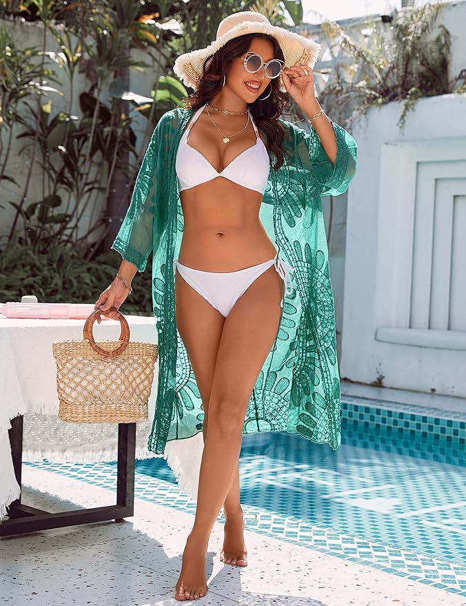 Blooming Jelly Womens Bathing Suit Cover Up 3/4 Sleeve Mesh Swimsuit Coverup Long Floral Beach Lace Kimono Summer Cardigan