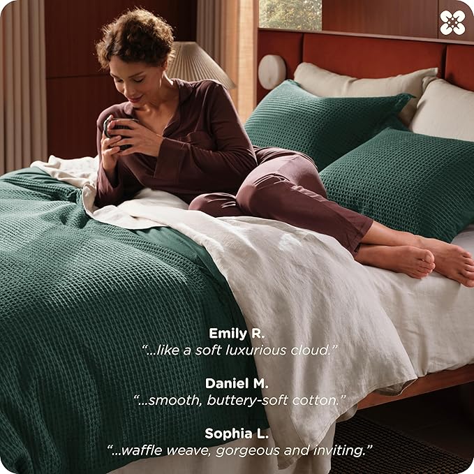 Bedsure Cotton Duvet Cover Queen - 100% Cotton Waffle Weave Forest Green Duvet Cover Queen Size, GentleSoft™ and Breathable Bedding Set for All Season, 3 Pieces, 90"x90"