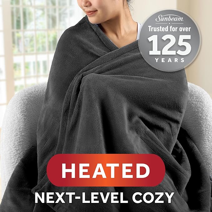 Sunbeam Ultimate Cozy Royal Posh Velvet Hand & Foot Pocket Heated Throw Electric Blanket, 50" x 72", 4 Heat Settings, 4-Hour Auto Shut-Off, Warming Throw for Couch or Bed, Machine Washable, Night Fog