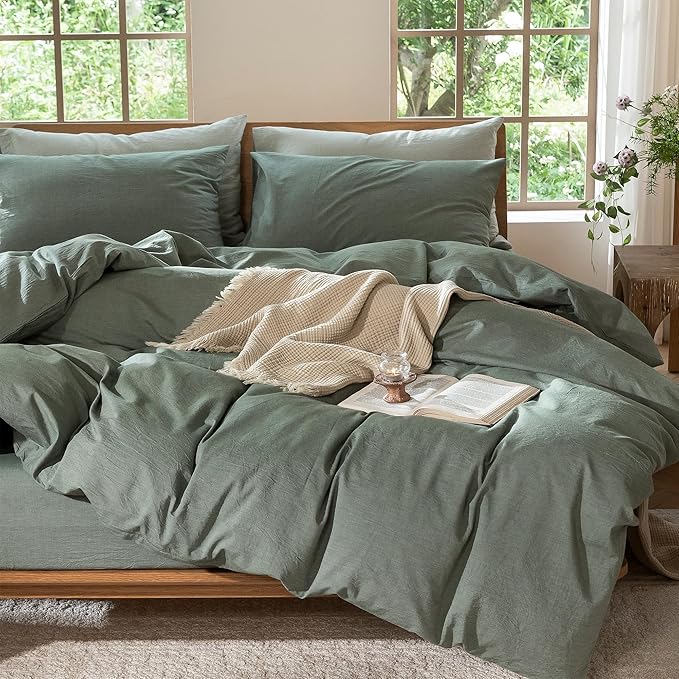MooMee Bedding Duvet Cover Set 100% Washed Cotton Linen Like Textured Breathable Durable Soft Comfy (Heathered Green, Full 80"x90")