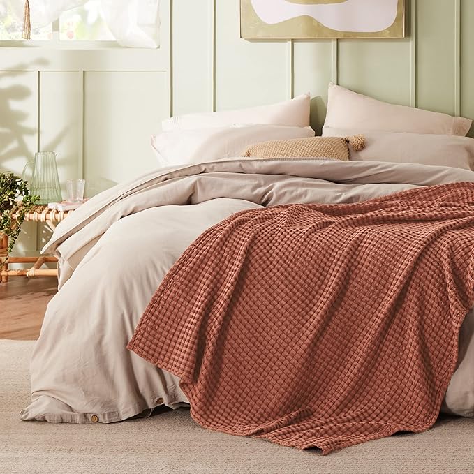 Bedsure Cooling Cotton Waffle Weave Blanket - Lightweight Breathable Blanket of Rayon Derived from Bamboo for Hot Sleepers, Luxury Throws for Bed, Couch and Sofa, Red Orange, 50x70 Inches