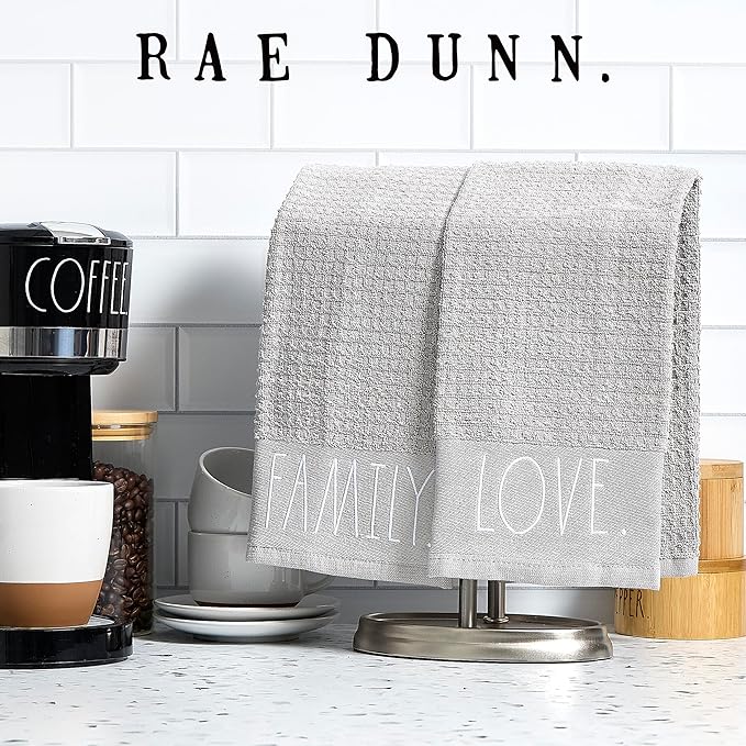 Rae Dunn Hand Towels, Embroidered Decorative Hand Towel for Kitchen and Bathroom, 100% Cotton, Gray- Family/Love, 16"x 26"