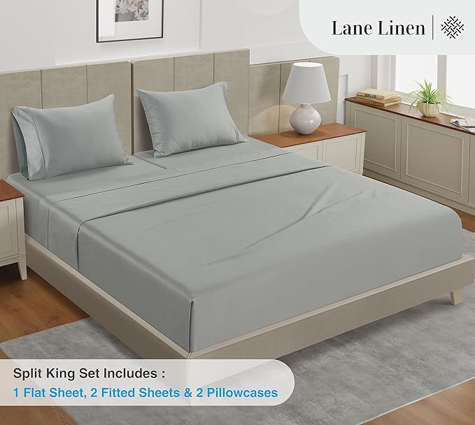 LANE LINEN Split King Sheet Set – 450 Thread Count 100% Cotton Cooling Sheets, Soft & Breathable Sateen Weave, 15” Deep Pocket Fully Elasticized Fitted Sheet, Machine Washable, Moonstruck
