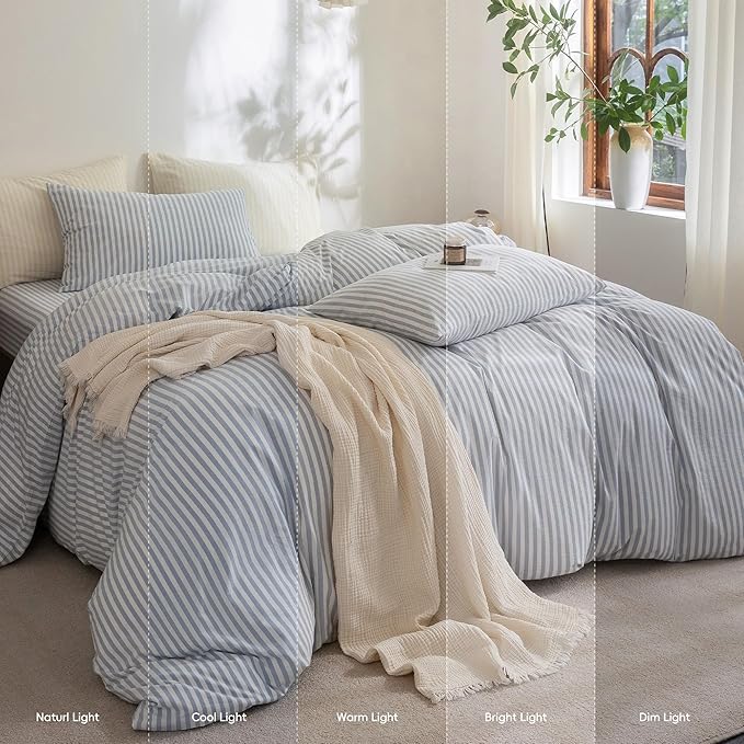 FOSSA Striped Duvet Cover Set 100% Washed Cotton Linen Feel Super Soft Breathable Cozy 3 Pieces Bedding Sets Cornflower Blue White Classic Stripes Queen