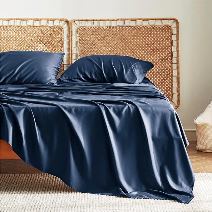 Bedsure California King Sheet Sets, Cooling Sheets for Hot Sleepers, Rayon Derived from Bamboo, Breathable & Soft, Deep Pocket Up to 16 Inches, Hotel Luxury Silky Bedding, Navy