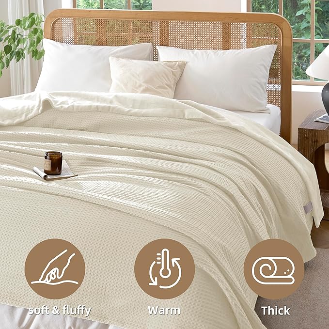 CHUFFED Cotton Waffle Blanket Throw Size - Plush Milk Velvet & Reversible Waffle Weave,Anti-Static 300Gsm Design，Thick Cozy Soft Winter Blanket for Bed, Couch, Sofa - Beige, 50x70 Inches
