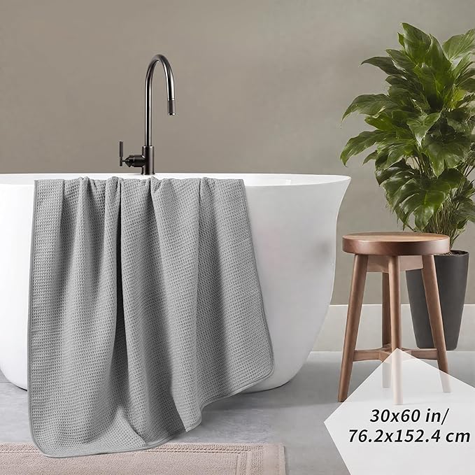 POLYTE Microfiber Oversize Quick Dry Lint Free Waffle Bath Towel for Body, 60 x 30 in, Set of 2