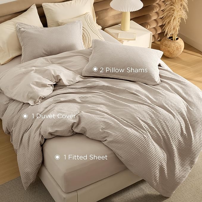 Bedsure 100% Cotton Duvet Cover King Size with Fitted Sheet - 4 Pieces Linen Color Waffle Weave Bedding Set, GentleSoft™ and Breathable, Includes 1 Duvet Cover 104x90, 1 Fitted Sheet, 2 Pillow Shams