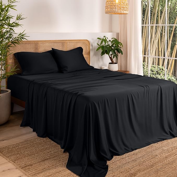 Bare Home 100% Rayon Made from Bamboo Luxury Full Sheet Set - 4 Piece Bedding Set - Deep Pockets - Cooling Sheets - Breathable - Easy Fit - Soft Bedding Sheets & Pillowcases (Full, Black)