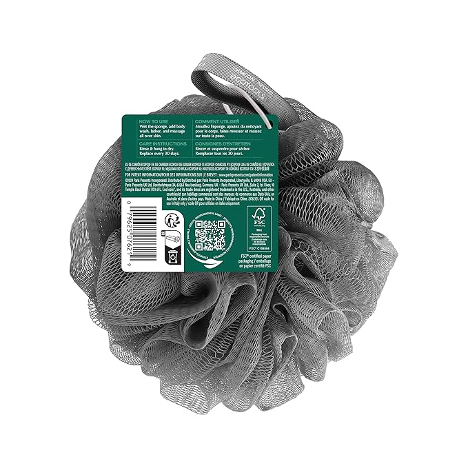 EcoTools Charcoal EcoPouf, Loofah Sponge for Bath & Shower, Infused Pouf, Recycled Netting, Exfoliation Removes Dead Skin, Eco-Friendly Bath Accessory, Cruelty-Free, Color May Vary, 1 Count (60g)