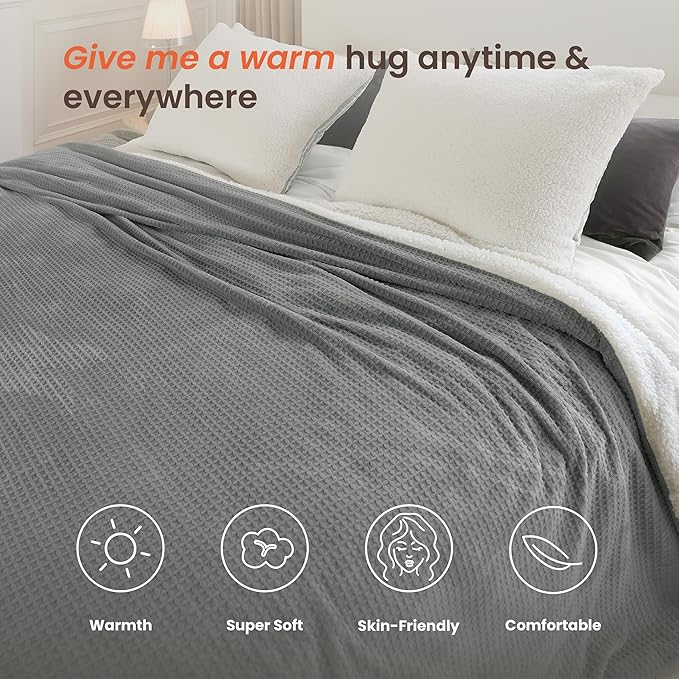 Heated Blanket Electric Blanket King Waffle,90x100 Inches Sherpa Fleece Fast Heating Blanket 6 Heating Levels & 10 Hours Auto Off ETL Certification, Grey King