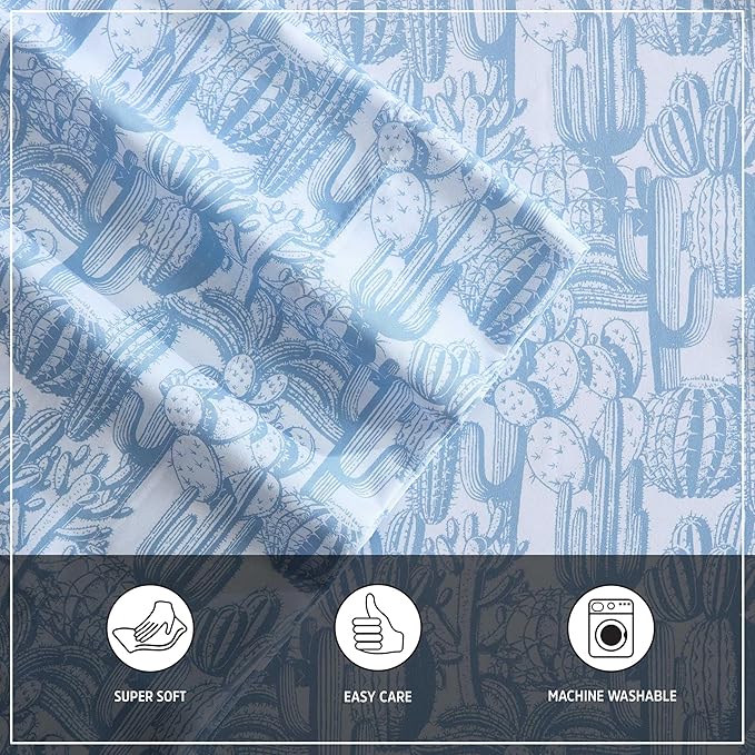 Wrangler - Queen Bed Sheets, Ultra-Soft & Lightweight Bedding with Matching Pillowcases, Lightweight Bed Set for All Season Comfort, Oeko-Tex Certified (Cactus Toile Blue)