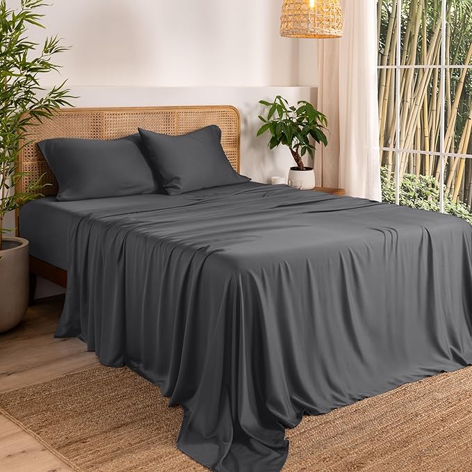Bare Home 100% Rayon Made from Bamboo Luxury Full Sheet Set - 4 Piece Bedding Set - Deep Pockets - Cooling Sheets - Breathable - Easy Fit - Soft Bedding Sheets & Pillowcases (Full, Grey)