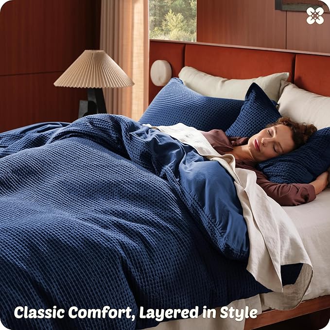Bedsure Cotton Duvet Cover Queen - 100% Cotton Waffle Weave Navy Blue Duvet Cover Queen Size, GentleSoft™ and Breathable Bedding Set for All Season, 3 Pieces, 90"x90"