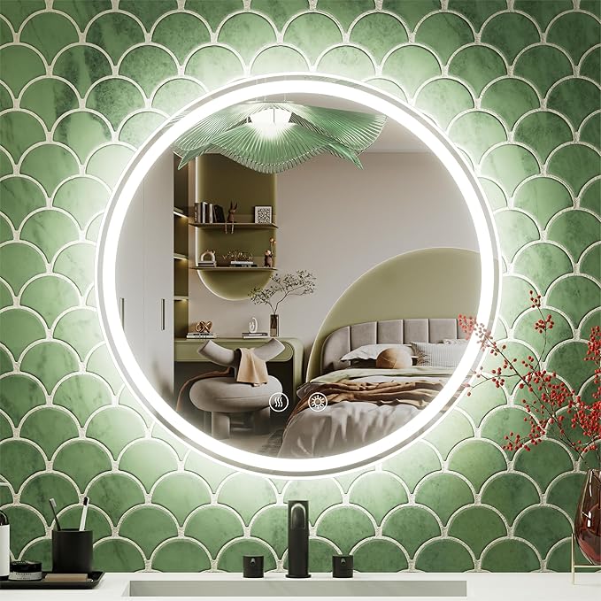 20 Inch Round LED Bathroom Mirror,Front & Backlit Lighted Bathroom Vanity Mirror, 6000K, CRI 90+, Dimmable, Touch, Anti-Fog