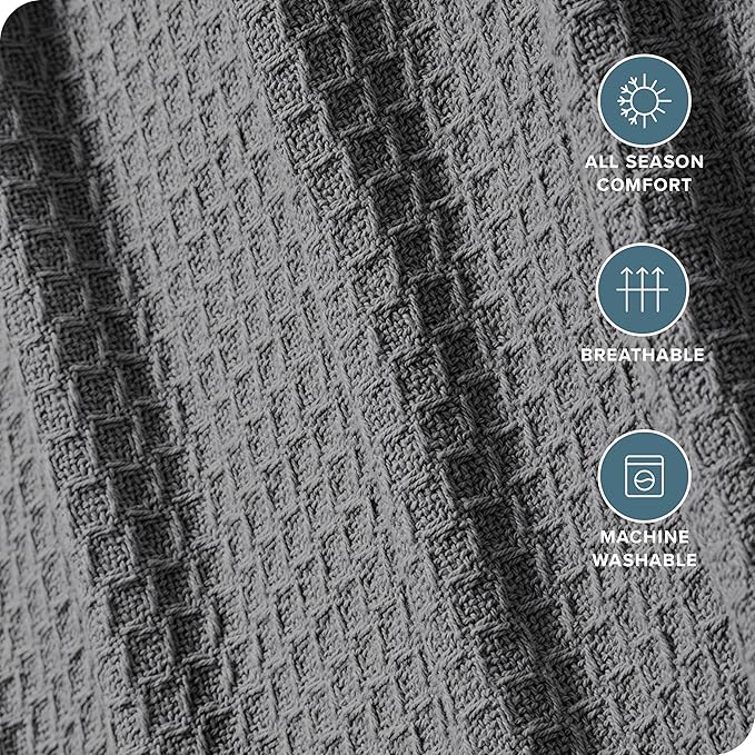 Bare Home Grey Waffle Blanket, Throw Size 44Wx66L, 100% Cotton, Soft & Breathable for All Seasons, Lightweight, Perfect for Layering Bed, Sofa & Couch (Throw/Travel, Grey)