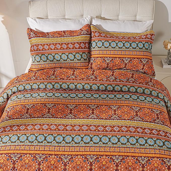 Cmfshape Orange Quilt Sets Bedspread Set 100% Cotton Boho Bedding Set, All Season Use Lightweight Reversible Coverlet Quilts with 2 Pillow Shams(Queen 92"x96")