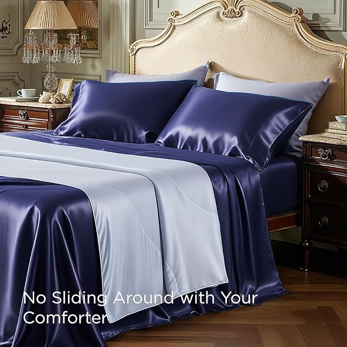 Bedsure Satin Sheets Queen Size - 4 Piece Silky Bedsheets with 15 Inches Deep Pocket Fitted Bedsheet,1 Flat Sheet, 2 Satin Pillowcases, Good for Hair & Skin (Queen, Navy)