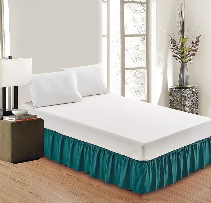 Sheets & Beyond Wrap Around Solid Microfiber Luxury Hotel Quality Fabric Bedroom Gathered Ruffled Bedding Bed Skirt 14 Inch Drop (Full, Teal)