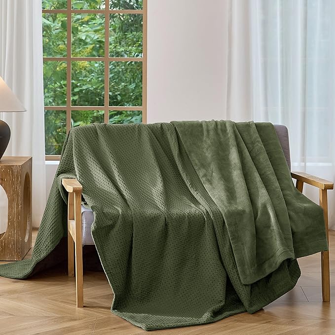 CHUFFED Cotton Waffle Blanket Throw Size - Plush Milk Velvet & Reversible Waffle Weave,Anti-Static 300Gsm Design，Thick Cozy Soft Winter Blanket for Bed, Couch, Sofa - Olive Green, 50x70 Inches