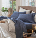 MooMee Bedding Sheet Set 100% Washed Cotton Linen Like Textured Breathable Durable Soft Comfy (Heathered Blue, King)