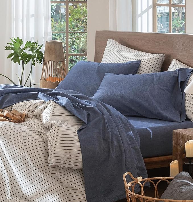 MooMee Bedding Sheet Set 100% Washed Cotton Linen Like Textured Breathable Durable Soft Comfy (Heathered Blue, King)