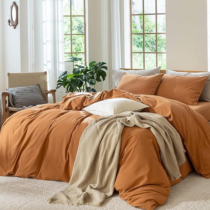 MooMee Bedding Duvet Cover Set 100% Washed Cotton Linen Like Textured Breathable Durable Soft Comfy (Solid Burnt Orange, Queen 90"x90")