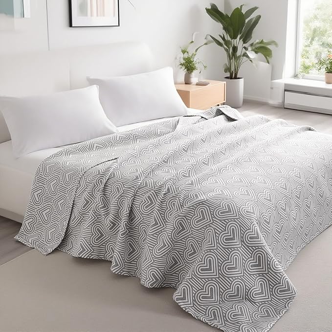 NTBAY 3 Layers Cotton Muslin 68x92 Twin Bed Blanket, Super Soft Breathable Thermal Yarn Dyed Quilt for Adults, Perfect Lightweight Blanket for Couch Sofa Bed All Seasons, Grey Heart