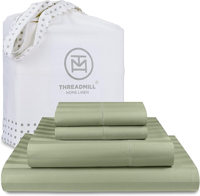 Threadmill 500 Thread Count Queen Size Damask Stripe, 4 Pc Luxury Cotton Bedding Set, Silky Smooth Sage Green Sheets with 16" Elasticized Deep Pocket, 2 Pillowcases & Free Tote Bag