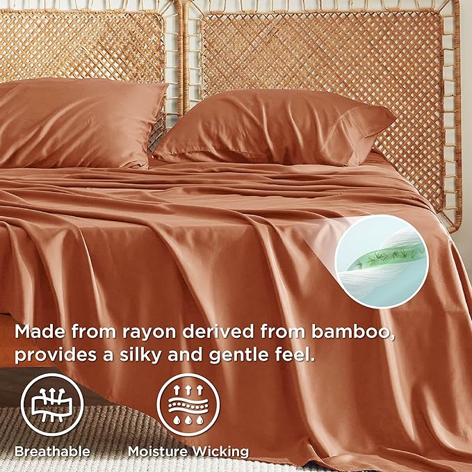 Bedsure Full Size Bed Sheets, Cooling Sheets, Rayon Derived from Bamboo, Breathable & Soft, Deep Pocket Up to 16 Inches, Hotel Luxury Silky Bedding for Hot Sleepers, Burnt Orange