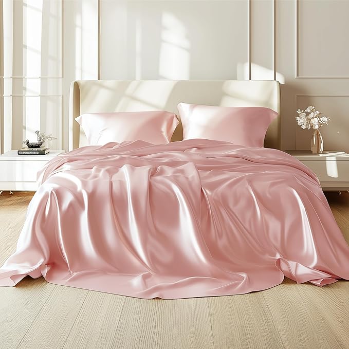 Bedsure Pink Satin Sheets Cal King Size - 4 Piece Silky Bedsheets with 15 Inches Deep Pocket Fitted Bedsheet,1 Flat Sheet, 2 Satin Pillowcases, Good for Hair & Skin (Cal King, Pink)