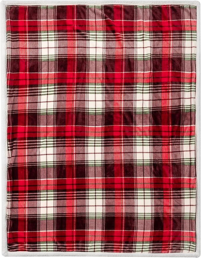 PAVILIA Christmas Plaid Blanket | Sherpa Fleece Flannel Throw Blanket | Christmas Plaid Warm Plush Microfiber Blanket for Couch Sofa | 50x60 Inches